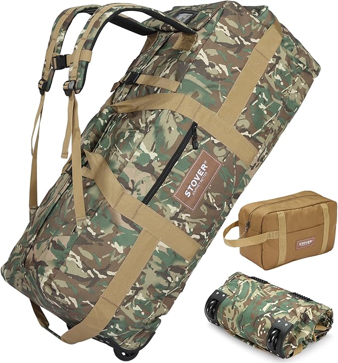 STOVER 100L Rolling Duffel Bag with Wheels, X-Large Durable Travel Duffle + Toiletry Bag, Heavy Duty, Packable with Shoulder Straps- Use as Luggage or Backpack (Camouflage)