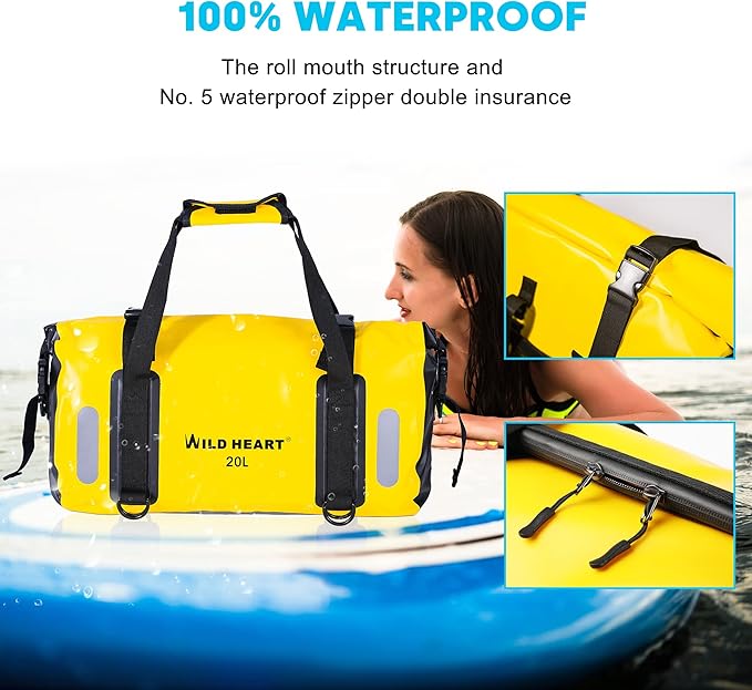 WILD HEART Waterproof Bag Duffel Bag 20L 30L 40L with Welded Seams Shoulder Straps, Mesh Pocket for Kayaking, Camping, Boating,Bicycle,Motorcycle