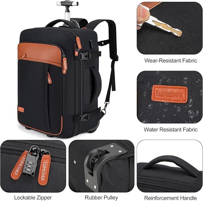 Lumesner Rolling Backpack for Men and Women, Extra Large 42L Travel Backpack with Wheels, 17.3 Inch Carry-On Laptop Bag with 4 packing cubes for Business and Work, Large Capacity Rolling Bag, Black