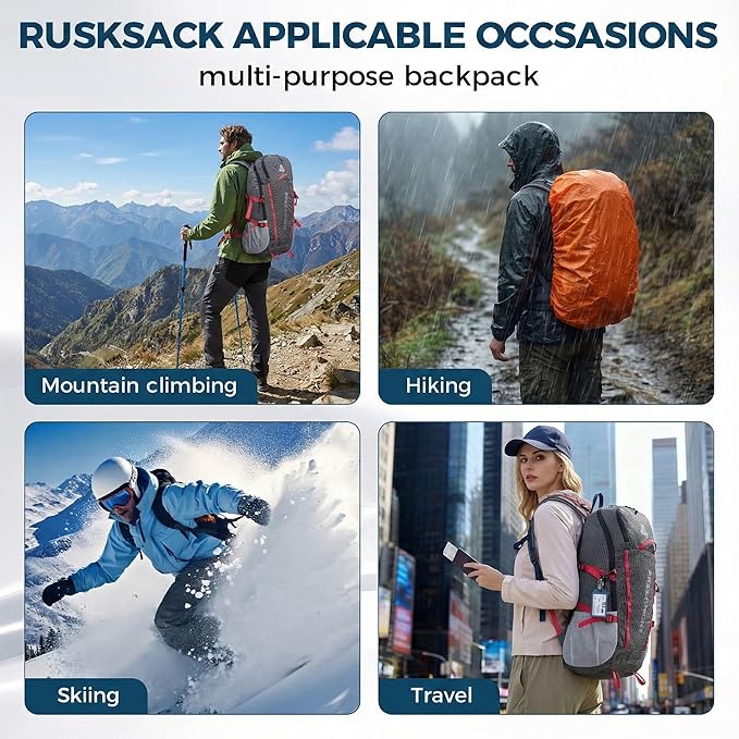 Bseash 45L Waterproof Hiking Camping Backpack with Rain Cover, Outdoor Sport Travel Bag Daypack for Climbing Skiing Cycling (Black)
