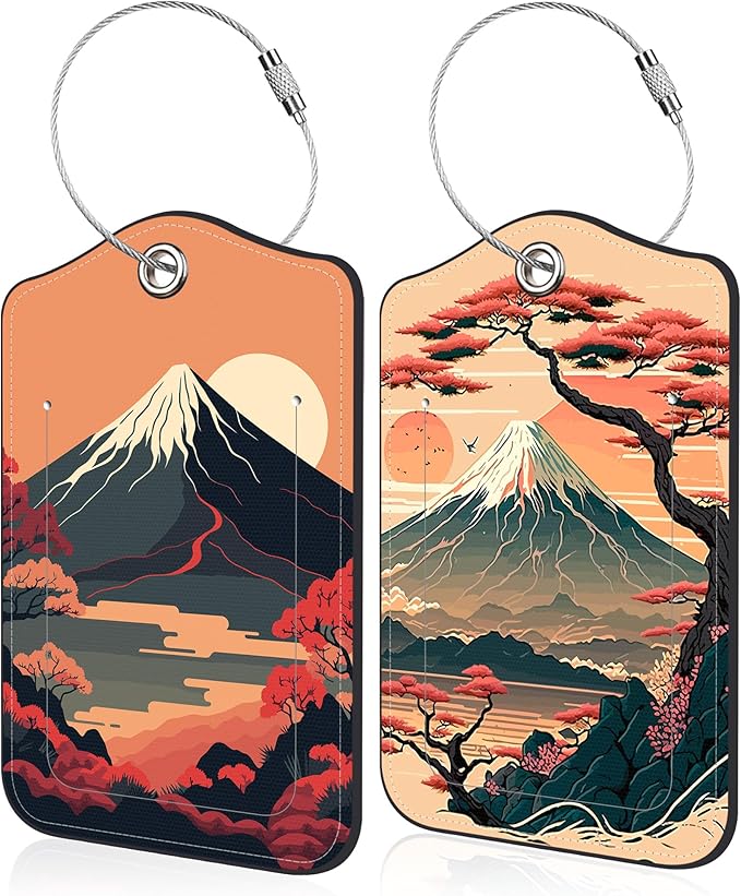 2 Pack Luggage Tag for Suitcase Japanese Mount Fuji and Sea Leather Travel Cruise Luggage Tag with Stainless Steel Loop Name ID Label Privacy Cover for Adults Teens Travel Bag Labels Set