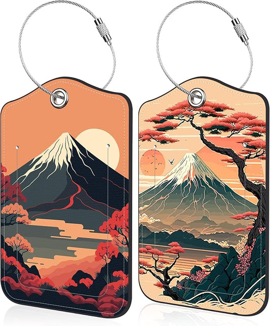 2 Pack Luggage Tag for Suitcase Japanese Mount Fuji and Sea Leather Travel Cruise Luggage Tag with Stainless Steel Loop Name ID Label Privacy Cover for Adults Teens Travel Bag Labels Set
