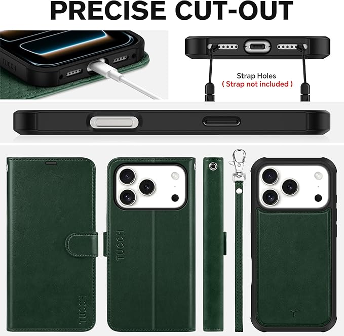 TUCCH Compatible with iPhone 17 Pro (6.3") Detachable Wallet Case with 4 Card Holder, Wireless Charging PU Leather Flip Folio with RFID Blocking Stand Wrist Strap Shockproof Phone Cover, Evergreen