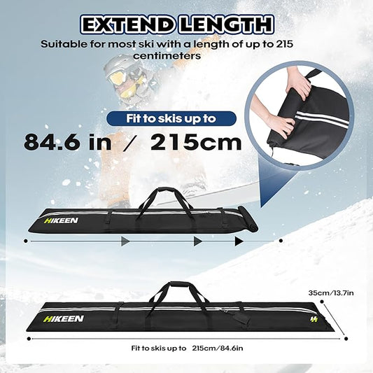 Hikeen Ski Bag for Air Travel,Full Padded Ski Bag Protection, Waterproof Reinforced Ski Travel Bag Fits for Skis Up to 215 CM, Perfect for Skiing, Storage and Transport
