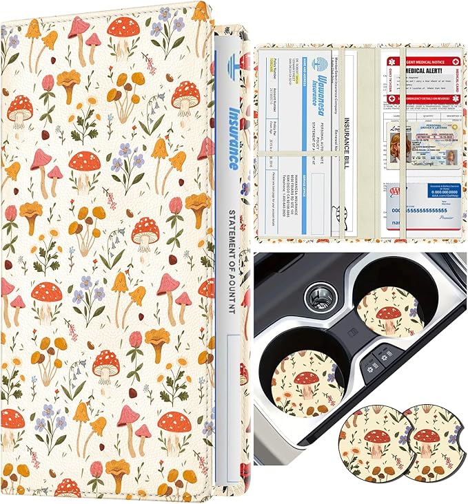 Slohif Car Registration and Insurance Holder - Mushroom Vehicle Glove Box Organizer Women with Magnetic Shut Leather Automobile License Holders Coasters Auto Accessories Case for Document