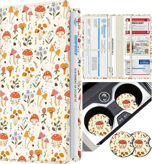 Slohif Car Registration and Insurance Holder - Mushroom Vehicle Glove Box Organizer Women with Magnetic Shut Leather Automobile License Holders Coasters Auto Accessories Case for Document