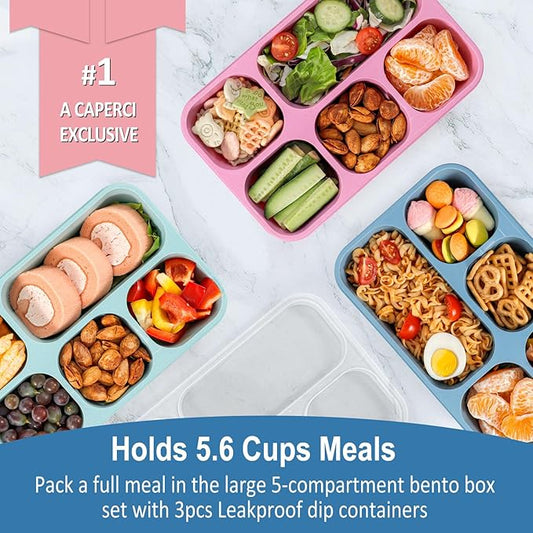 Caperci Bento Box Adult Lunchable Container - Reusable 3-Pack Snack Box Containers with 5-Compartment & 3pc Dressing Cups, BPA-Free Food Storage for Meal Prep, School, Work (Dark & Clear Lids)