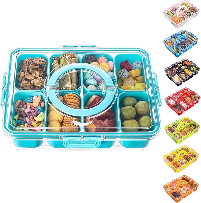 Divided Serving Tray with Lid and Handle - Snackle Box Charcuterie Container for Portable Snack Platters Organizer for Candy, Fruits, Nuts, Snacks - Perfect for Party, Entertaining, Lake blue