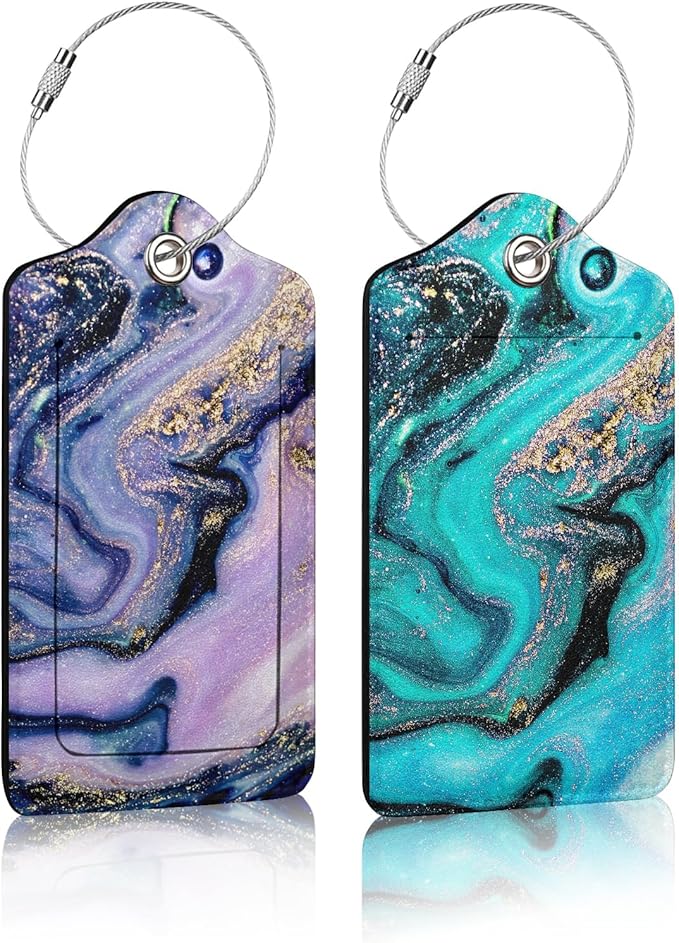 2 Pack Luggage Tag for Suitcase,Luxury Marble Luggage Tag with PU Leather Privacy Cover ID Label & Stainless Steel Loop for Women Men Travel Bag Suitcase