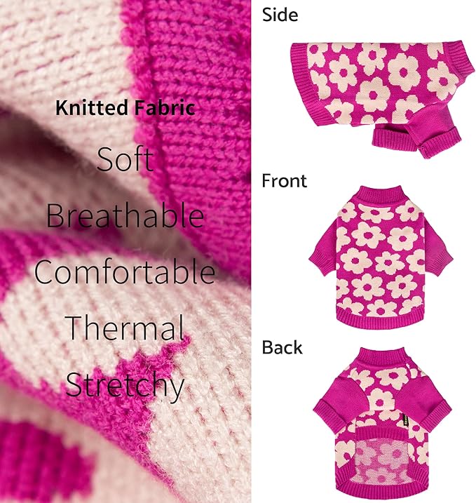 Fitwarm Floral Dog Sweater, Thermal Dog Sweatshirt, Soft Pet Outfit, Hot Pink, White, Large