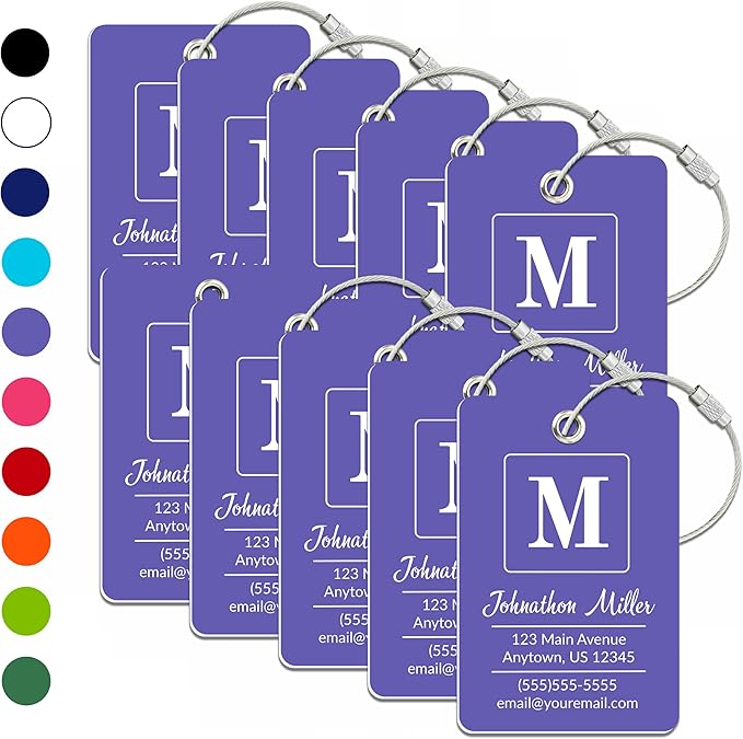 Personalized Luggage Tag | 10 Pack | Custom Luggage Tags for Suitcases | Kids Backpack Tag | 10 Color Options & Choose Font, Font Color