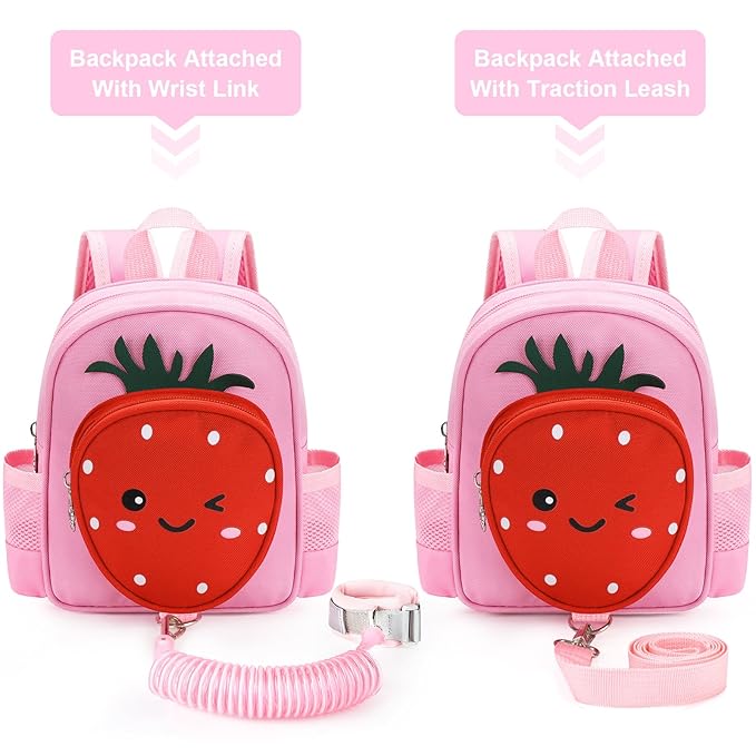 Toddler Backpack with Leash, Accmor 4 in 1 Kids Mini Backpacks with Anti Lost Wrist Link, Cute Child Harness Bag Rein for Outdoor, Strawberry Back Pack Rope Tether for Baby Girls Aged 1-3 Years (Pink)