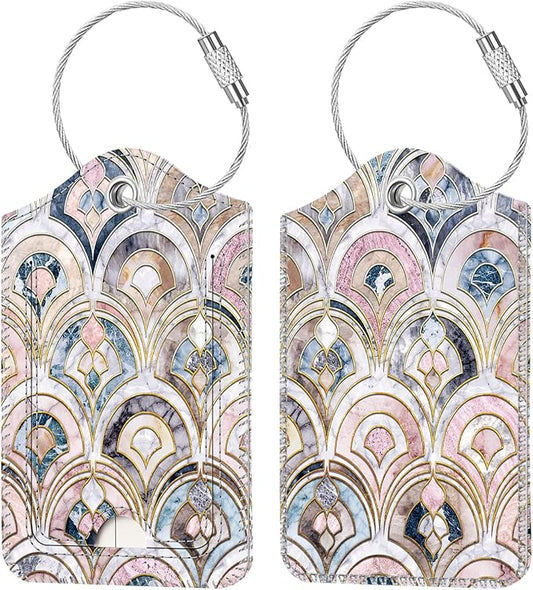 Fintie Luggage Tags, Privacy Cover ID Label with Stainless Steel Loop and Address Card for Travel Bag Suitcase - Marble Tiles (2 Piece)