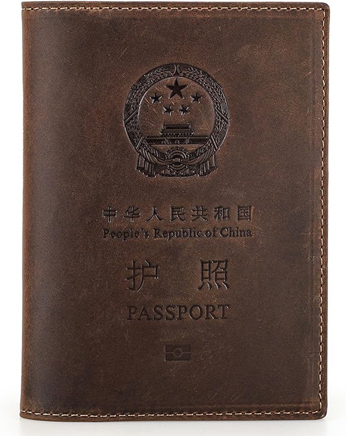 Top Grain Leather Single Travel Passport Wallet Embossing Badge for Unisex, Folio Design for Passport & Multi Cards, RFID Blocking for Passport/Cards/Checks/Bills/AirTag, Coffee Default, CN