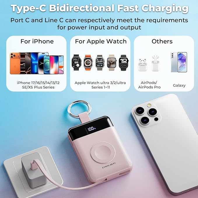 Portable Charger,5000mAh PD 20W Super Fast Charging Power Bank with Built-in Cables,Travel Keychain Battery Pack for Apple Watch Ultra/11/10/9/8/7/6/SE,iPhone 17/16/15/14/13/12 (Pink)