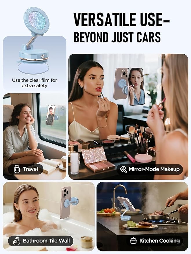 ETODBUWS Upgraded Vacuum Magnetic Car Phone Holder for MagSafe[108+LBS Strongest Suction & 3000gf Strongest Magnetic],360° Adjustable Suction Cup Phone Mount for Car,Gym,Mirror,Men Women-Blue