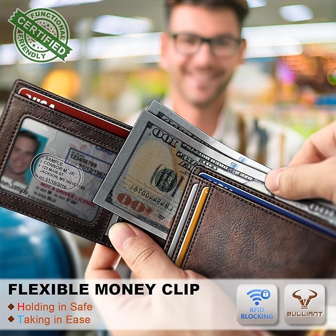BULLIANT Men Wallet,Slim Leather Wallet Money Clip Magnetic Closure Simplifed Bill Folder 10Cards RFID Blocking 4.3"×3"
