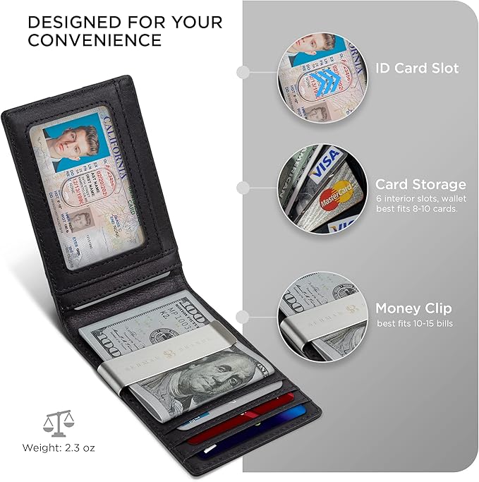SERMAN BRANDS Mens Money Clip Wallet. RFID Blocking Slim Front Pocket Wallets for Men, Full Grain Leather RFID Minimalist Card Holder | RFID Blocking, Slim, Front Pocket, RFID, Minimalist, Card Holder