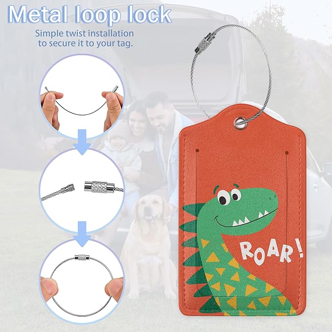 2 Pack Luggage Tags,Leather Suitcase Tags with Privacy Cover Name Address Labels& Durable Steel Loop for Men/Women Travel Bag Suitcases(Cute Cartoon Dinosaur)