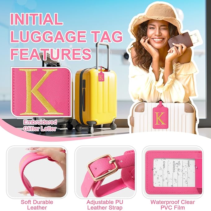 Personalized Initial Luggage Tags with Privacy Cover, Rose Red Leather, Cute Embroidered Custom Monogram Tags for Women, Kids