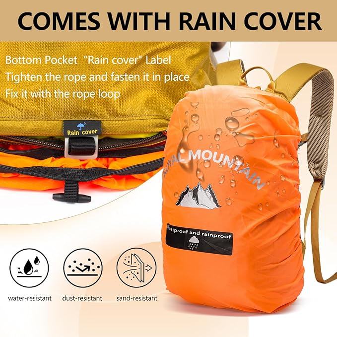 Hiking Backpack With Rain-cover, 30L Travel Backpacks For Women Men, Camping Daypack Backpacks Lightweight, Durable Hiking Backpack Fit For Camping, Daily Commuting, Short Trips (Yellow)