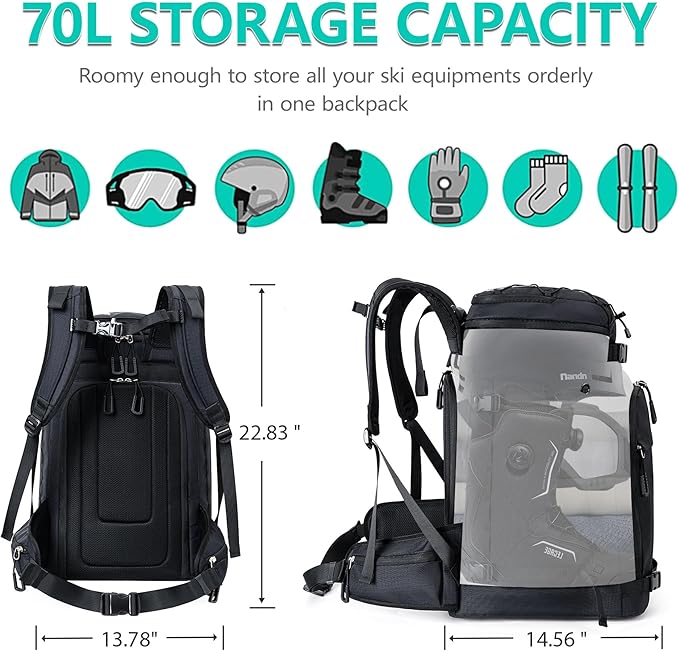 Ski Boot Bag, 55L/70L Waterproof Ski and Snowboard Boots Travel Backpack for Skis, Snowboard, Ski Helmet, Goggles, Gloves & Accessories