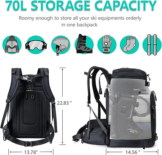 Ski Boot Bag, 55L/70L Waterproof Ski and Snowboard Boots Travel Backpack for Skis, Snowboard, Ski Helmet, Goggles, Gloves & Accessories