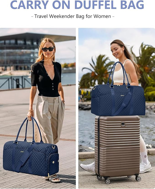 Women Weekender Travel Duffle Bag: Travel Duffel Overnight Bags with Shoe Compartment Large Carry on Tote with Toiletry Bag Weekend Traveling Yoga Gym Hospital Bag for Women with Wet Pocket Blue