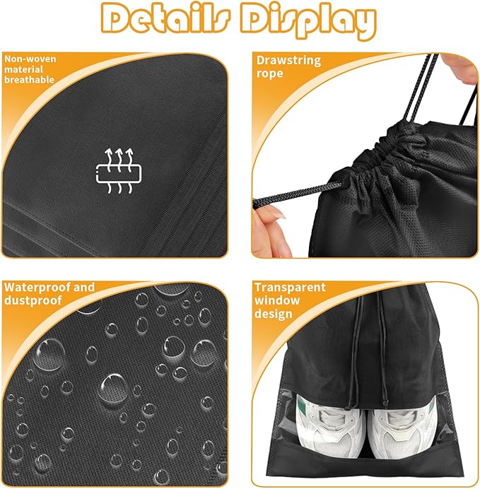 Large Black Travel Shoe Bags - 5 Pcs with Clear Window, Non-Woven Drawstring, 12.6" X 17.3" for Men Women