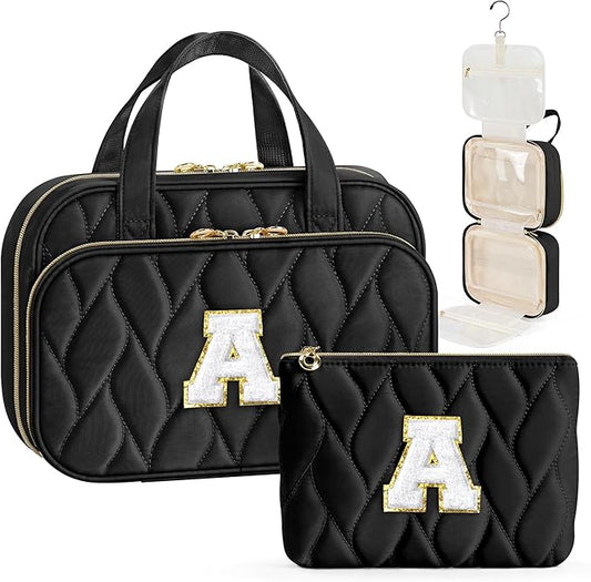 YOOLIFE Teen Girl Gifts Trendy Stuff - Birthday Gifts for 7 8 9 10 11 12 13 14 15 16 17 18 Year Old Teen Girls, Hanging Toiletry Bag Initial Makeup Bag Black - A