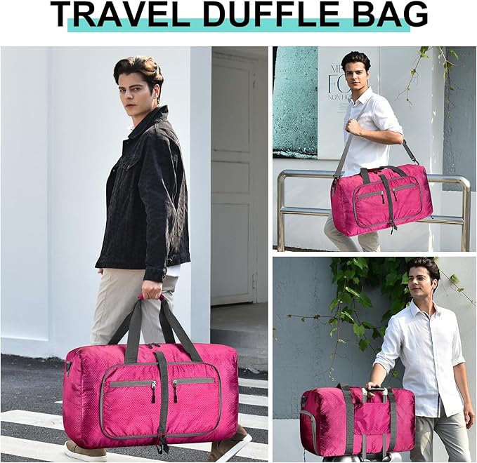 Dimayar Travel Duffle Bag for Men Women - Foldable Duffel Bag with Shoes Compartment - Overnight Bags Waterproof & Tear Resistant(115L,Fuchsine)