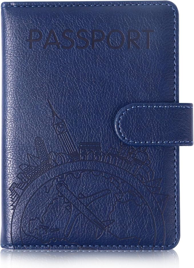 Passport Holder and Card Slot Combo RFID Blocking Leather Family Travel Passport Wallet Travel Accessories for Men Women US Passport Cover Protector (Travel blue)