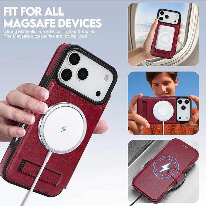 CIVICASE for iPhone 17 Pro Max Wallet Case with Stand,PU Leather Flip Credit Card Holder Slots (RFID Blocking),Compatible with Magsafe Magnetic Holder Phone Cover Women Men,Wine Red