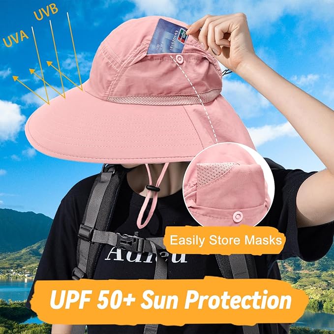 Sun Hats for Men Women Detachable Face Cover Wide Brim Fishing Hats with Neck Flap UPF 50+ Outdoor Safari Hats