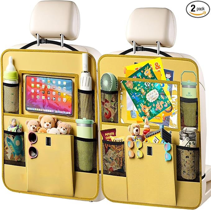Car Backseat Organizer with Tablet Holder, 6 Storage Pockets Seat Back Protectors Kick Mats for Kids, Car Seat Protector for Road Trips 2 Pack (Beige)