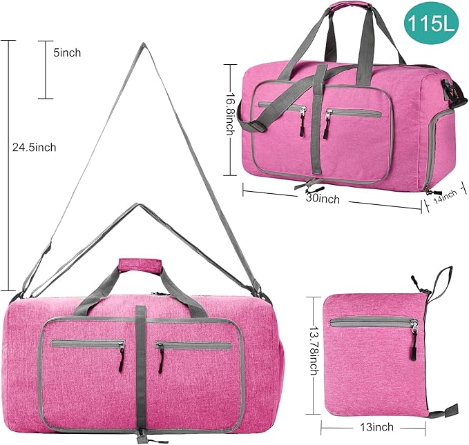Dimayar 115L Travel Duffle Bag for Men Women - Foldable Duffel Bag with Shoes Compartment - Overnight Bags Waterproof & Tear Resistant(Rouge Pink)