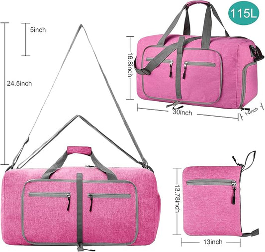 Dimayar 115L Travel Duffle Bag for Men Women - Foldable Duffel Bag with Shoes Compartment - Overnight Bags Waterproof & Tear Resistant(Rouge Pink)