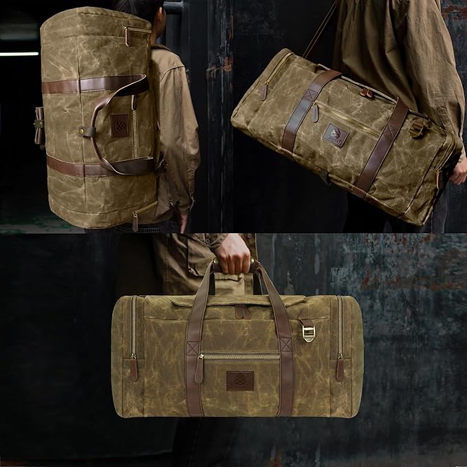 60L Travel Bags for Men, Nomad Washed Canvas Duffle Bag Vintage Genuine Leather Travel Duffel Bag Multifunctional Weekender Overnight Backpack with Shoes Compartment