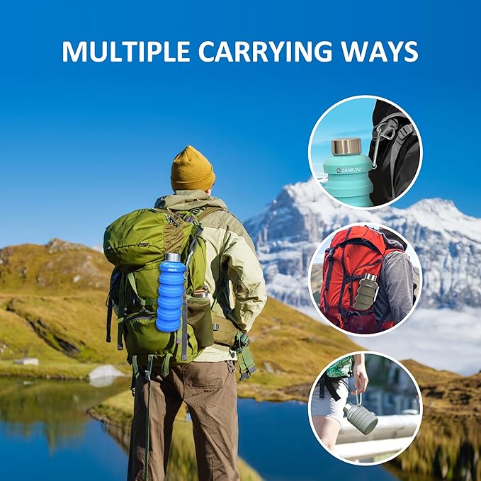 JaneJu Collapsible Water Bottle, 17oz BPA Free Silicone Reusable Portable Lightweight Foldable Water Bottles with Carabiner, Portable Leak Proof Sports Water Bottle (Purple)