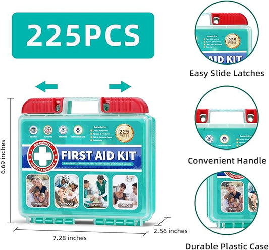 225 Pieces Portable First Aid Kit for Minor Wound Care, Includes Adhesive Bandages, Wound Gauze Pads, Ideal for Home, Car & On-The-Go