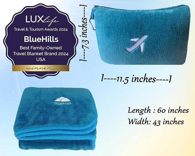 BlueHills Travel Blanket Pillow in Mini Soft Case Premium Plush Airplane Blanket in Soft Bag Compact Pack with Luggage Belt and Backpack Clip Airline Car 2 in 1 Traveler Essentials - Teal Blue M03