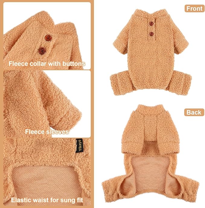 Dog Sweaters for Small Dogs Winter Dog Pajamas Sized Dogs Boy Girl Fleece Pet Clothes Puppy Outfit 4 Legs Jumpsuits for Chihuahua Yorkie Cat Apparel (Khaki, XX-Small)