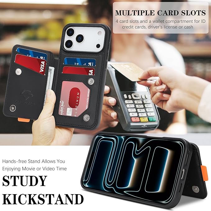 GUERNICA for iPhone 17 Pro (6.3") Case Wallet with Card Holder, RFID Blocking Leather Protection, Shockproof Women Men Phone Case for Apple 17 Pro, Black