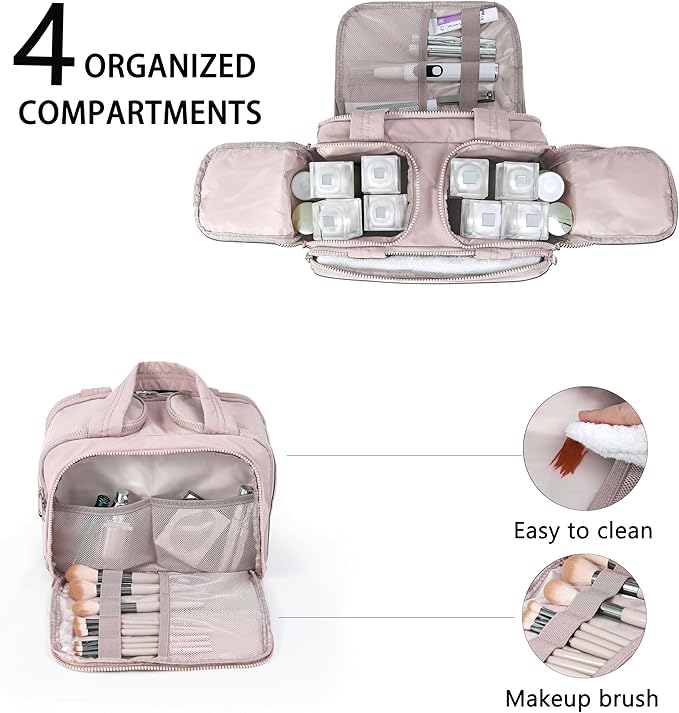 Travel Toiletry Bag for Women, Large Wide-open Puffy Cosmetic Makeup Bag with Wet-Dry Separation, Multi-Pocket Organizer with Carry Handle for Toiletries, Cosmetics, Essentials, Light Pink
