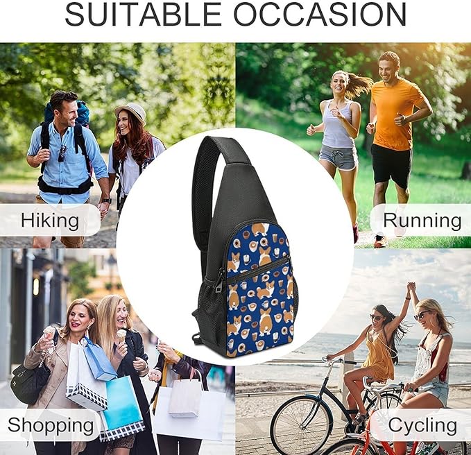 SWEET TANG Unisex Unique Chest Bag Gym Sack Fashion Sling Shoulder Backpack Outdoor Sports Daypack Shiba Inu Print Dog And Coffees, Multipurpose Adjustable Bag for Daily Use
