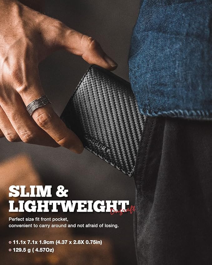 DUGRAFT Bifold Pop Up Wallet for Men, Slim Leather Credit Card Holder with Zipper Minimalist Women Magnetic Cash Coins Pocket Wallets RFID Blocking(CF Black)