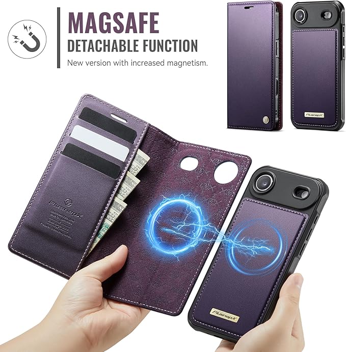 PlusnapX Wallet Case for iPhone Air Compatible with Magsafe, 2-in-1 PU Leather Flip RFID Blocking Card Holder Stand ShockAirof Magnetic Detachable Cover for iPhone 17 Air Case 6.5", Fashion Purple