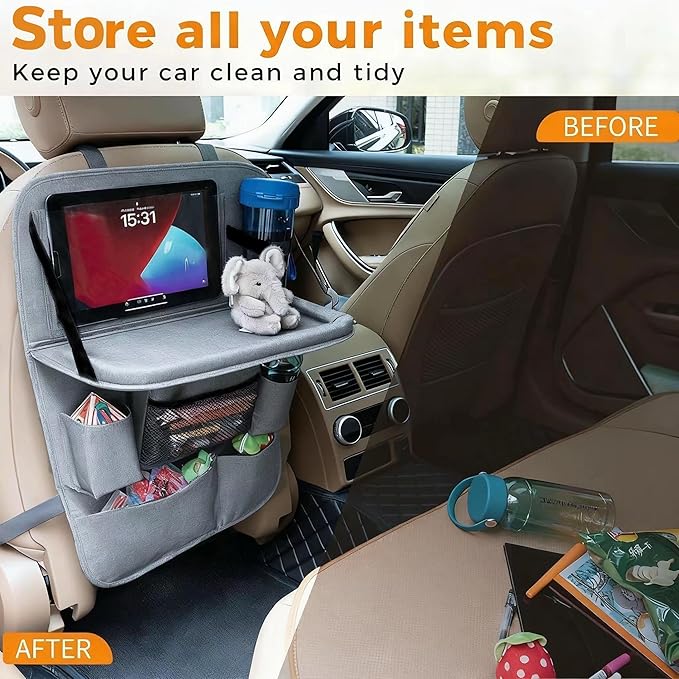 Backseat Car Organizer with Tray, 9 Storage Pockets Back Seat Protector with Foldable Tablet Holder, Waterproof Back of Seat Kick Mats for Kids Adult, Travel Accessories 2 Pack, Gray