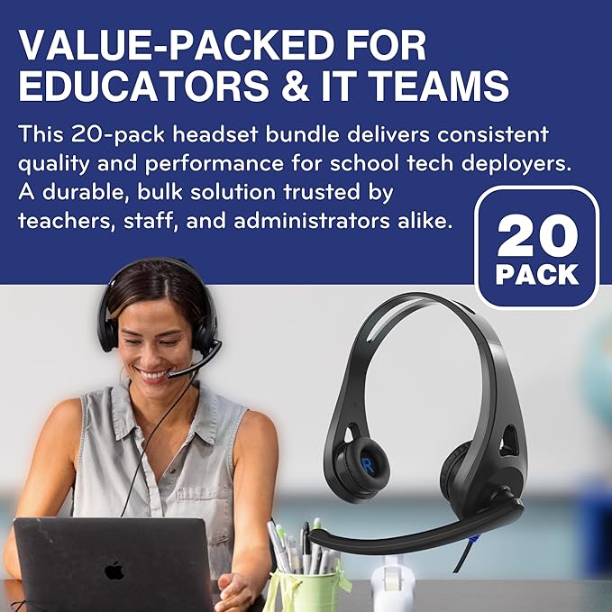 TWT Audio Classroom Headset Bulk 20 Pack – Ergo TW110 On Ear Wired Headphones with Built In Microphone for School, Students, Teachers, Durable Noise Reducing 3.5mm Jack for Testing & Learning