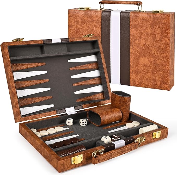 ropoda Backgammon Board Game Set (11 Inches) for Adults and Kids,Classic Board Strategy Game,Portable and Travel Backgammon Set with Premium Leather Case,Best Strategy & Tip Guid
